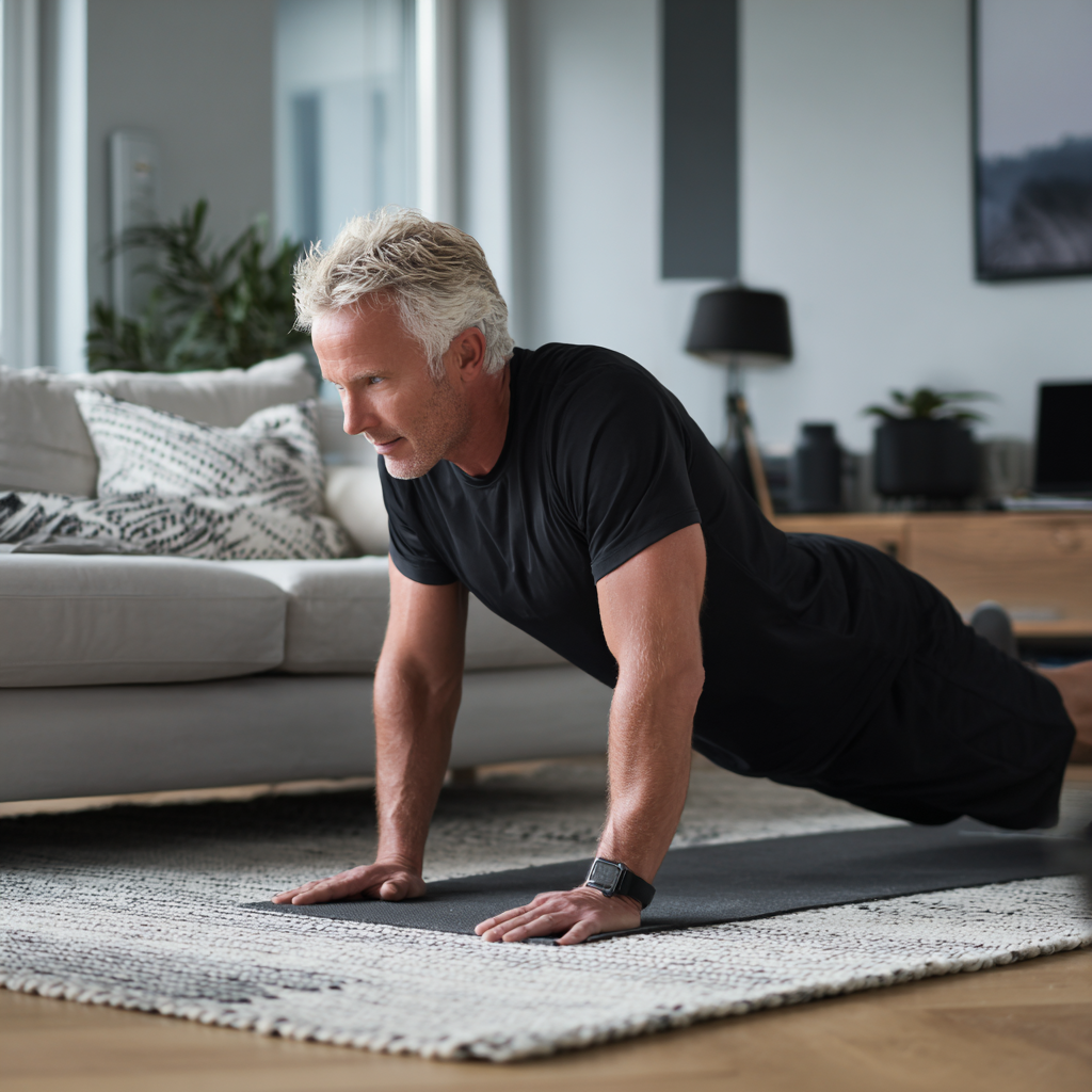 50 years old person doing comfortable workout at home