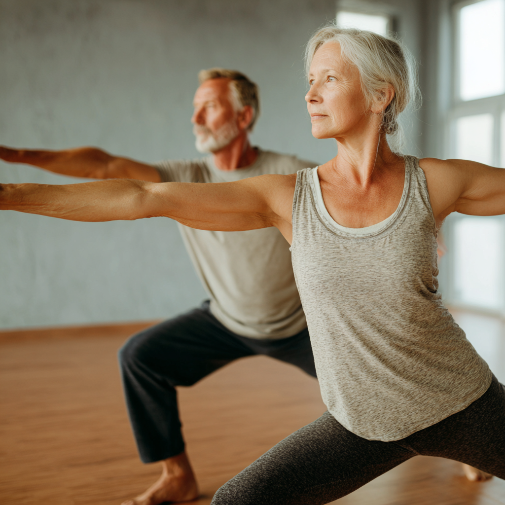 53 years old seniors doing balance and flexibility exercises